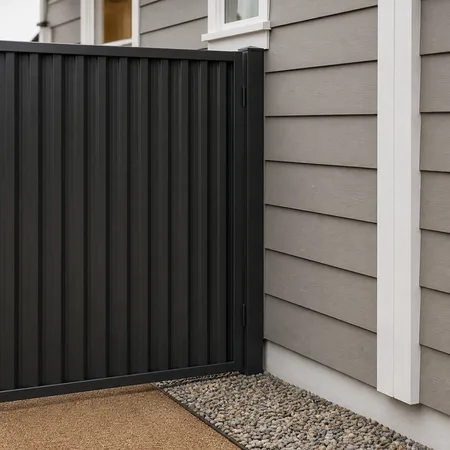 A metal fence and gate meeting a house wall, with no wood in the last few feet