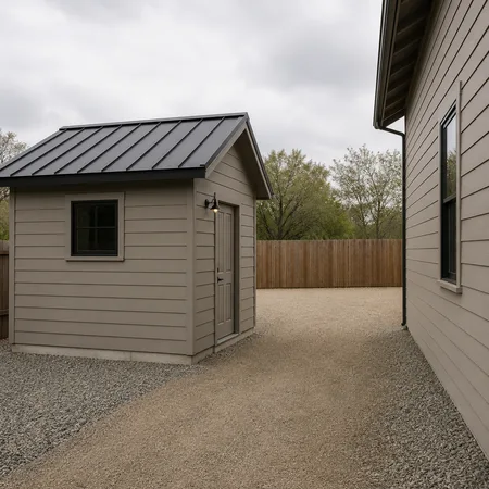 A detached shed with a metal roof, separated from the house by open gravel ground